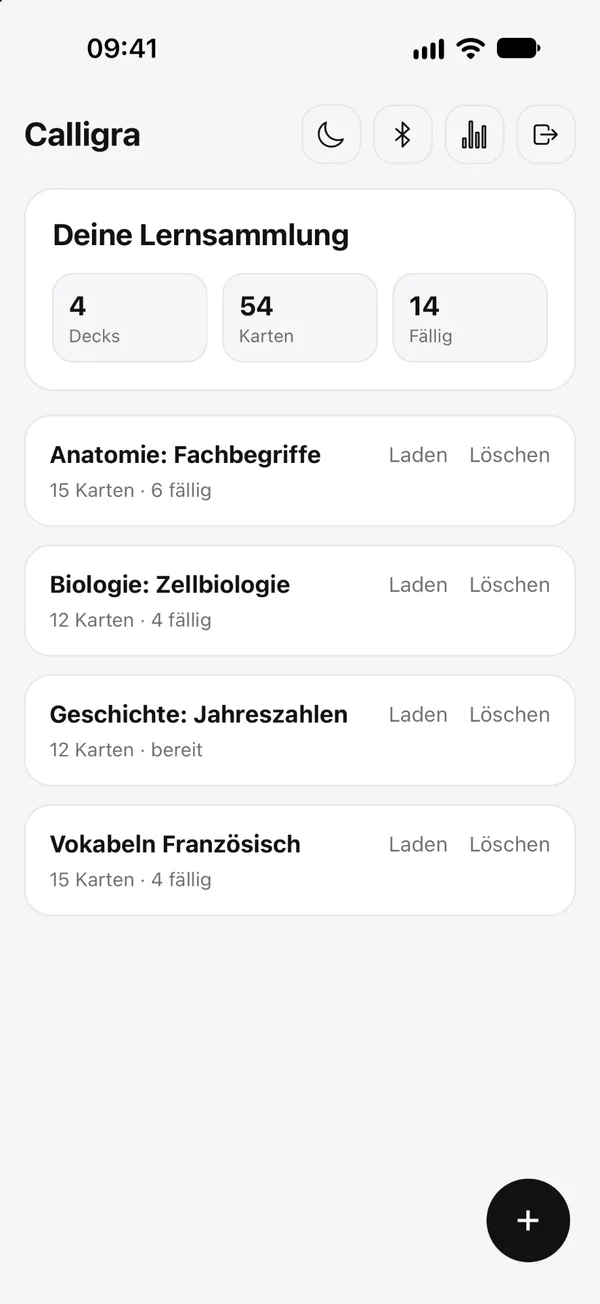 Deckliste „Deine Lernsammlung“ in der Calligra-App