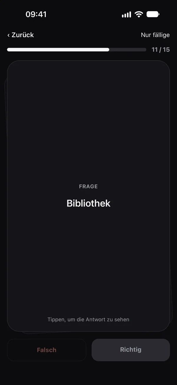 Lernmodus: Vorderseite der Karte „Bibliothek“
